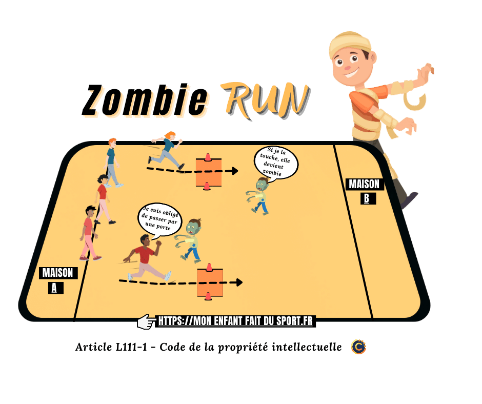 des enfants pratiquent une séance de sport, un jeu de poursuite appelé Zombie Run