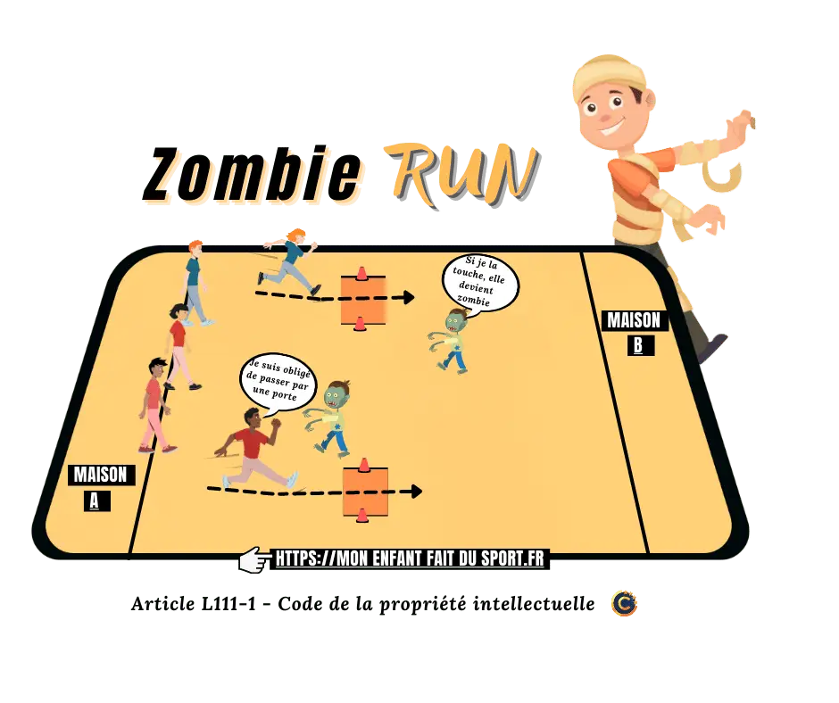 des enfants pratiquent une séance de sport, un jeu de poursuite appelé Zombie Run