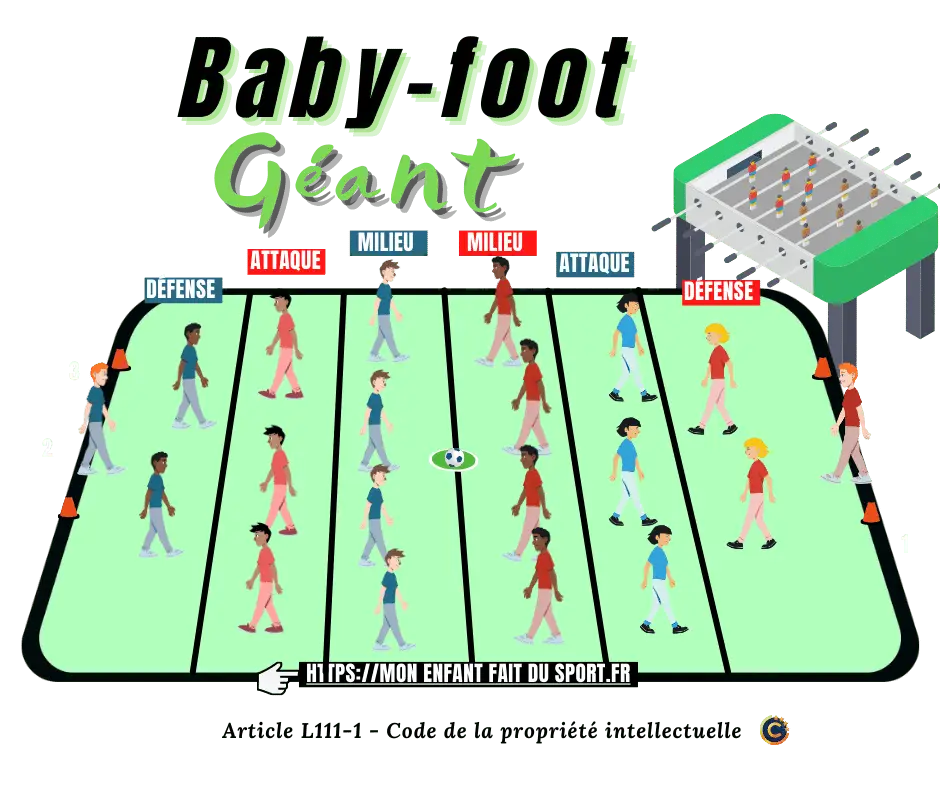 children play sports with a ball. a life-size version of the giant foosball game.