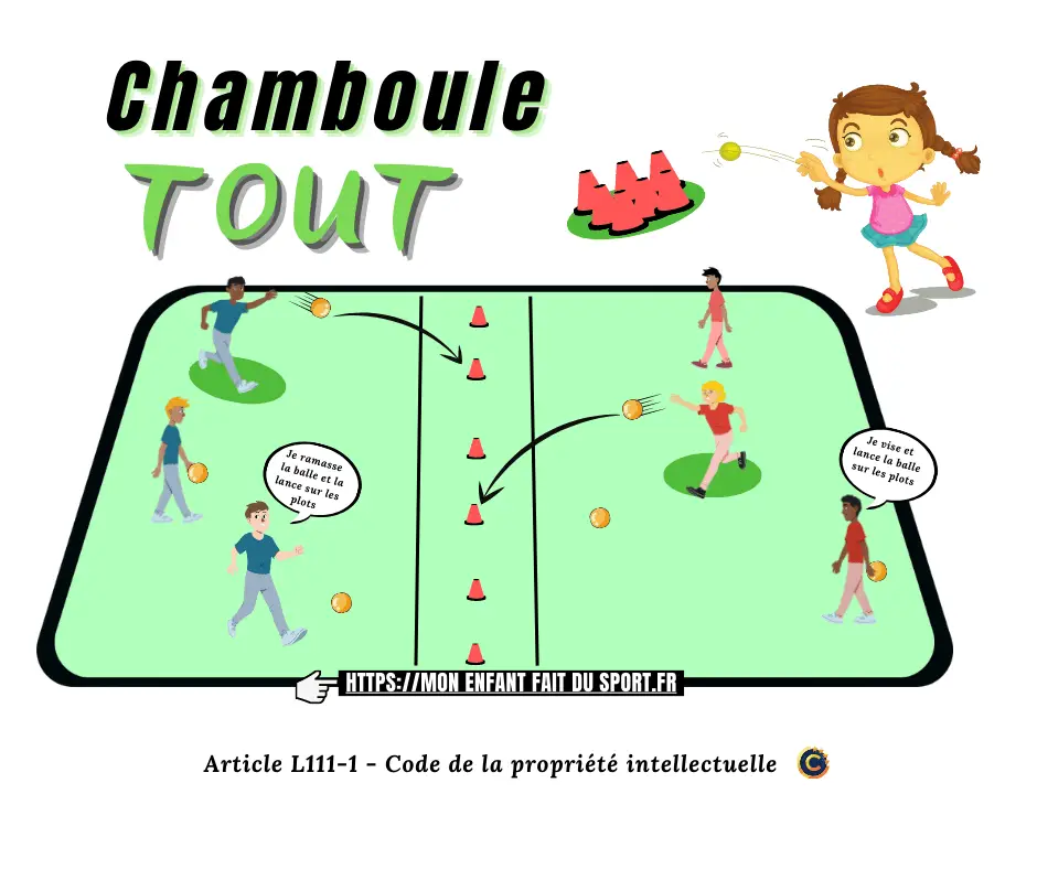 Des enfants font une séance de sport. Ils jouent au jeu du chamboule tout