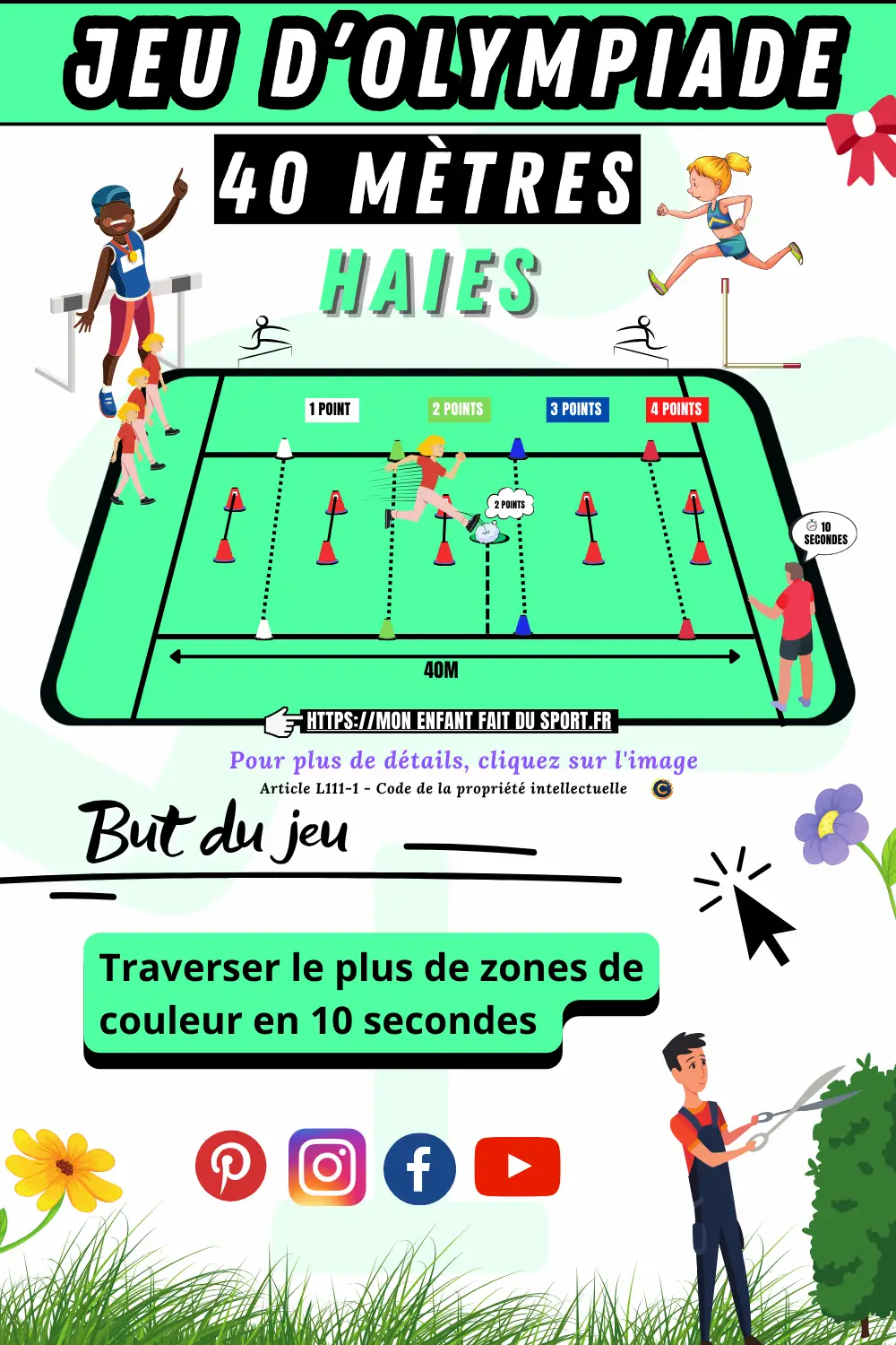 Le jeu sportif du 40 mètres haies, est un jeu d'olympiade. Le but du jeu est de traverser le plus de zones de couleur en 10 secondes.