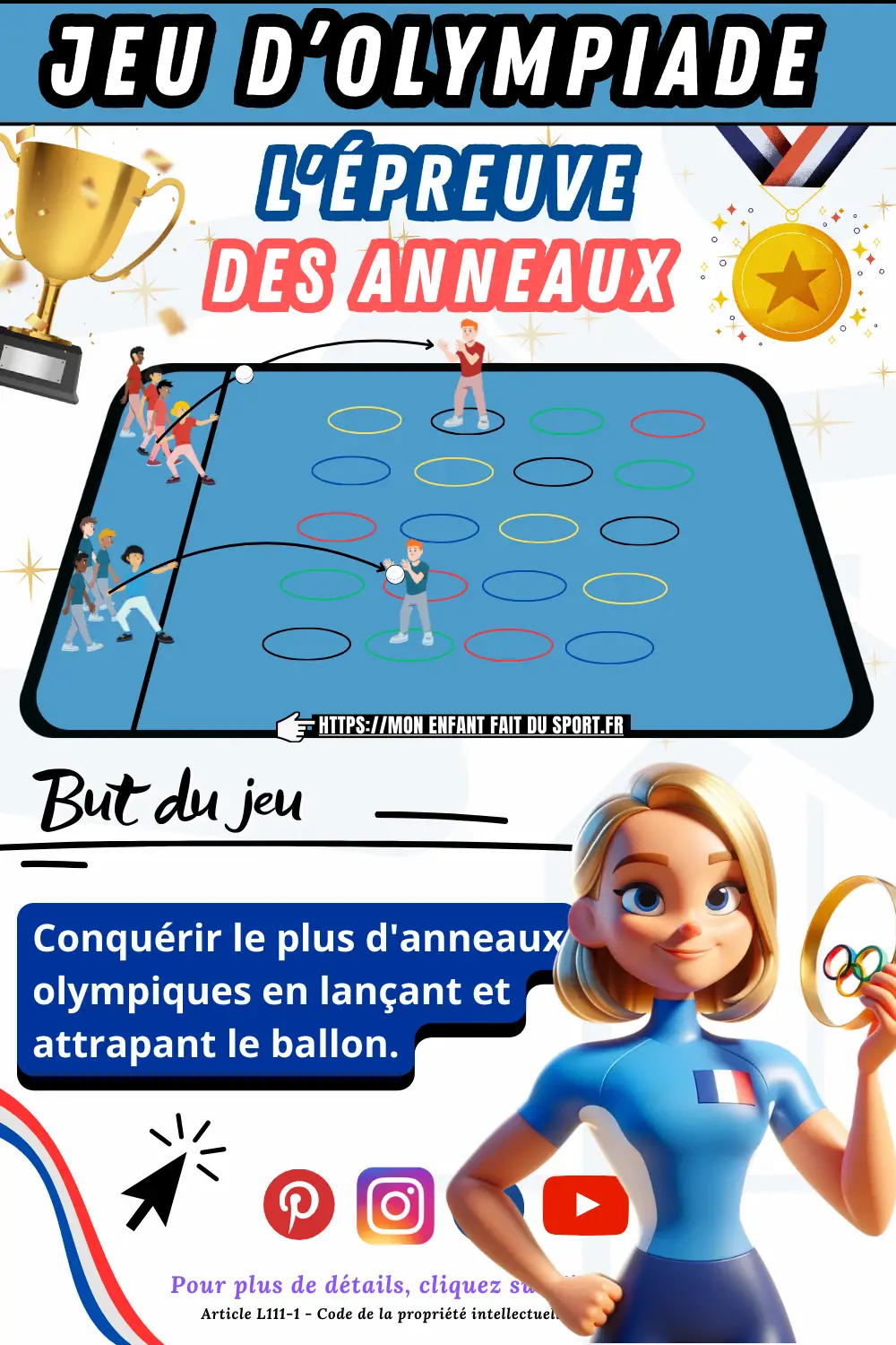 Le jeu sportif de l'épreuve des anneaux olympiques est un jeu d'olympiade. But du jeu : Conquérir le plus d'anneaux olympiques en lançant et attrapant le ballon.